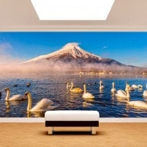 Foto muro murales cigni lago Kawaguchi mt. Fuji