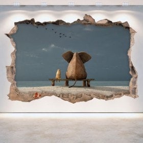 Vinile elefante parete del foro e del cane 3D