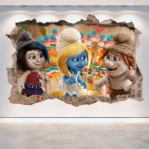 Vinile decorativo parete-rotta Puffi 3D