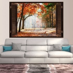 Finestra di autunno strada alberi 3D