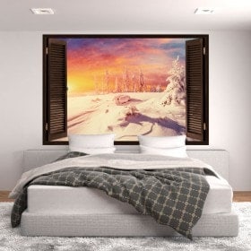 Windows in neve tramonto 3D vinile sulle montagne innevate