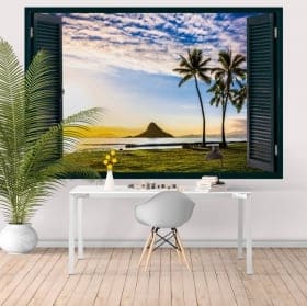 Sticker murale tramonto alle Hawaii finestra 3D
