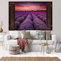 Vinili finestra tramonto nel campo di lavanda 3d