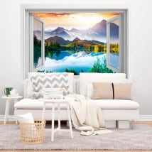 Vinili finestre lago tramonto e montagne 3d