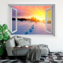 Vinili finestra tramonto invernale in montagna 3d