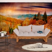 Murales in vinile montagne al tramonto effetto muro rotto