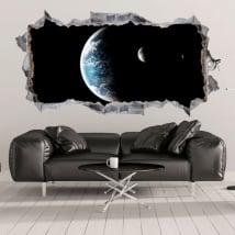Vinili 3d pianeta terra e luna buco nel muro