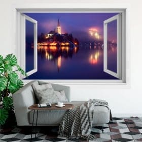 Vinili finestra tramonto nel campo dei fiori 3d