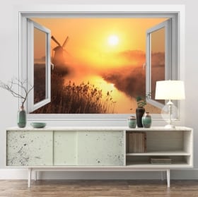 Vinili muri finestra 3d tramonto mulino olanda