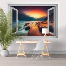 Adesivi murali finestra 3d alba sulla spiaggia