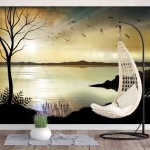 Murali in vinile illustrazione paesaggio al tramonto