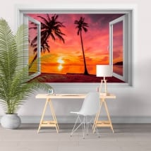 Finestre in vinile 3d palme tramonto sulla spiaggia