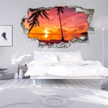 Autoadesivi 3d palme tramonto sulla spiaggia