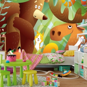 Carta da parati o carta da parati animali dei cartoni animati nella foresta dei bambini