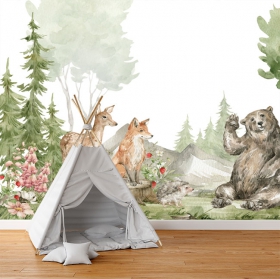 Foresta con carta da parati o carta da parati con animali ad acquerello