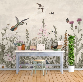 Carta da parati o carta da parati vintage fiori uccelli colibrì
