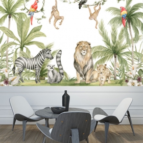 Carta da parati in stile acquerello con animali della giungla tropicale