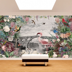 Carta da parati o carta da parati fiori vintage e uccelli fenicotteri