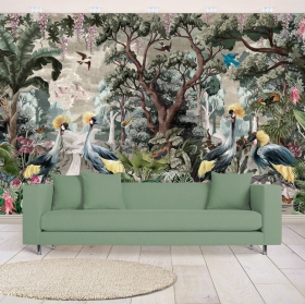 Carta da parati o carta da parati che disegna fiori e uccelli della foresta vintage