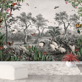 Carta da parati paesaggistica o murale con piante di ara e uccelli tropicali