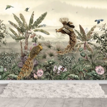 Pavone e fiori paesaggio carta da parati o murale