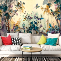 Carta da parati o murale che disegna colibrì e fiori