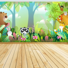 Carta da parati o murale disegni per bambini animali nel procione della foresta