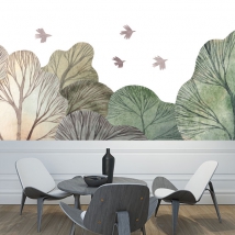 Carta da parati o disegno murale uccelli della foresta