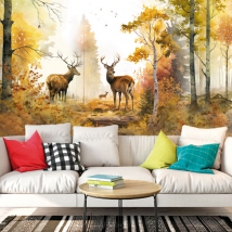 Carta da parati con paesaggio forestale autunnale di renne
