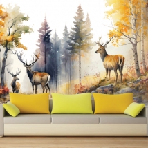 Foresta autunnale dell'acquerello con carta da parati o murale di renne