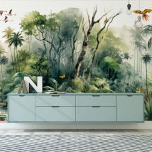 Giungla dell'acquerello e carta da parati o murale di uccelli tropicali