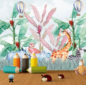 Carta da parati o murale con disegni di animali e palloncini per bambini