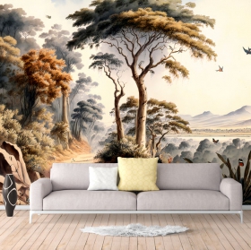 Carta da parati o carta da parati disegno paesaggio foresta e montagne