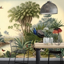 Carta da parati che disegna fiori di pavone del lago