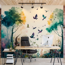 Fotomurali in vinile alberi e uccelli