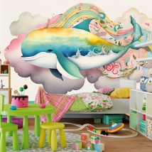 Carta da parati o illustrazione murale magica della balena
