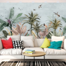 Carta da parati o murale paesaggio tropicale fiori uccelli e farfalle
