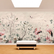Illustrazione murale o carta da parati di fenicotteri e fiori vintage