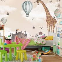 Carta da parati per bambini che disegnano animali e mongolfiere