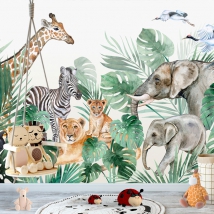 Carta da parati disegno per bambini animali della giungla uccelli
