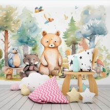 Carta da parati o murale acquerello illustrazione animali della foresta