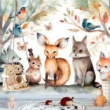 Carta da parati o murale illustrazione ad acquerello animali e uccelli alberi