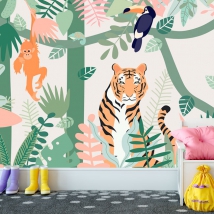 Carta da parati o murale illustrazione per animali della giungla della gioventù dei bambini