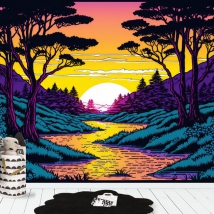 Fotomurale o carta da parati illustrazione tramonto pineta