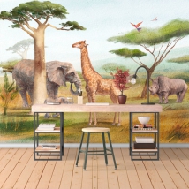 Carta da parati o murale paesaggio africa safari elefante