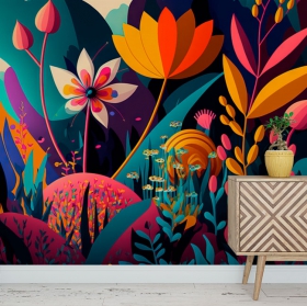 Carta da parati o illustrazione murale di fiori colorati e piante