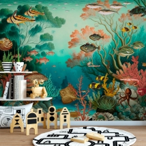 Carta da parati o murale polpo pesce corallo fondale marino