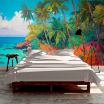 Paesaggio dipinto paradiso spiaggia tropici con palme carta da parati o murale