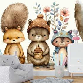 Carta da parati famiglia illustrazione scoiattoli acquerello gioventù dei bambini