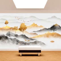 Carta da parati o murale illustrazione paesaggio orientale nebbia dorata